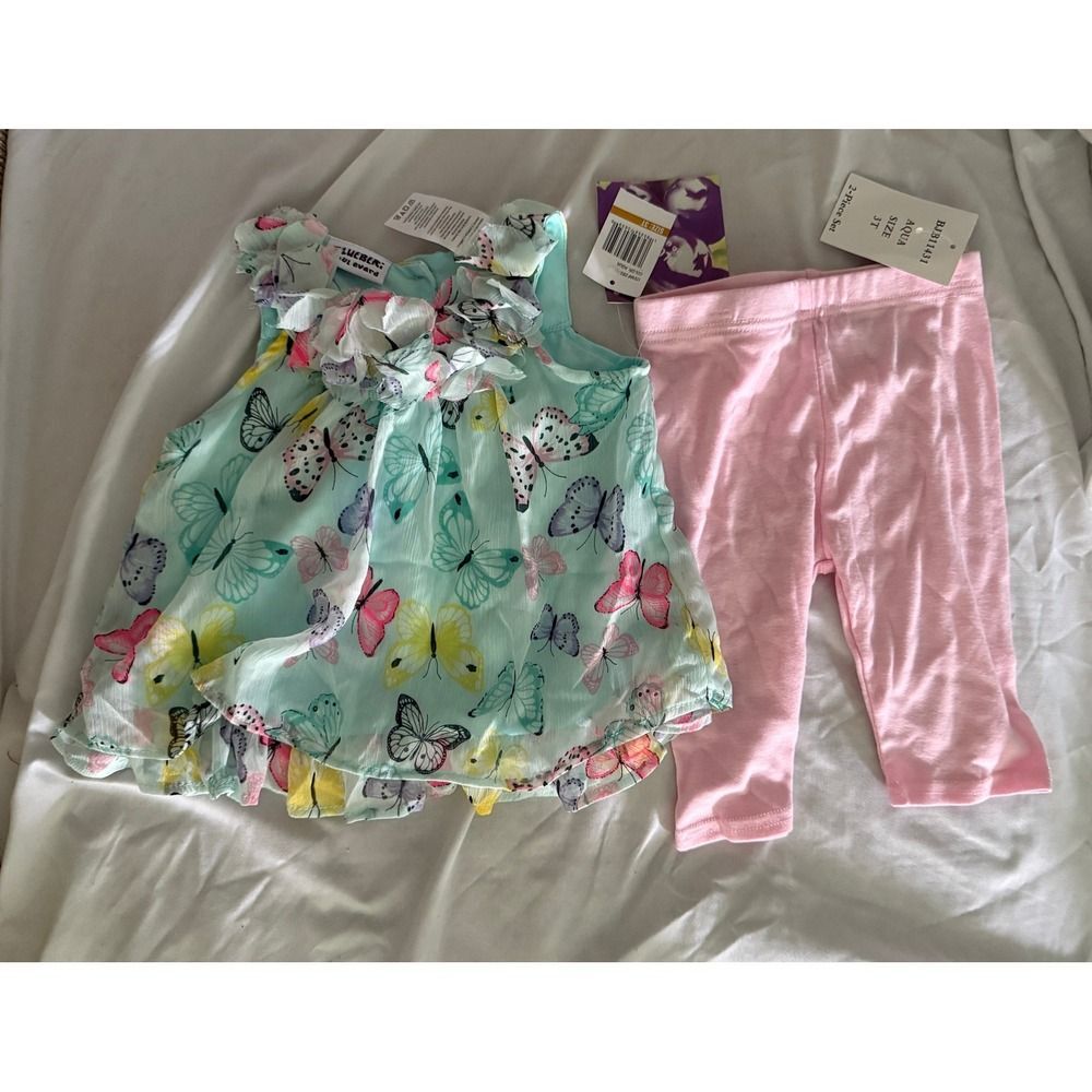 Girls Blueberi Boulevard 2 Piece Set Aqua Butterfly Ruffle Top Pink Leggings NWT